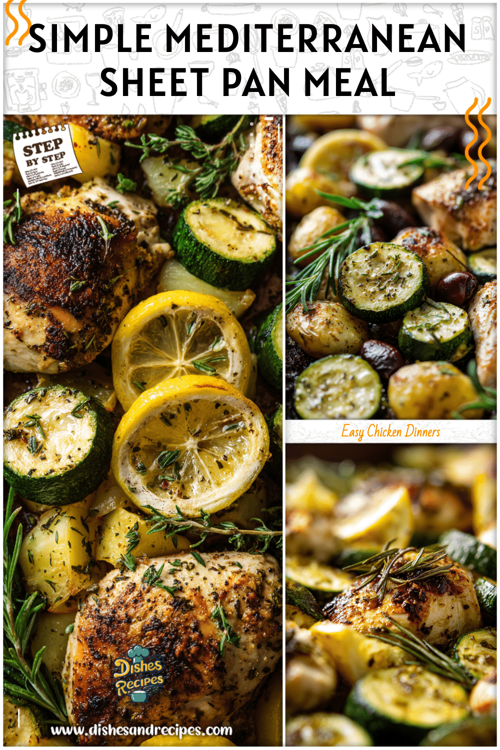 Sheet pan with baked chicken, zucchini, and Mediterranean herbs fresh from the oven.